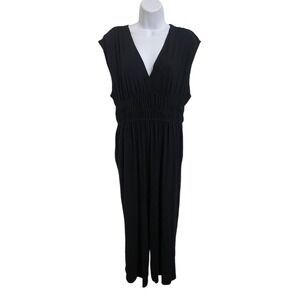 Old Navy Black Petite Cap Sleeve Smocked Waist Jumpsuit Wide Leg Pockets Size LP